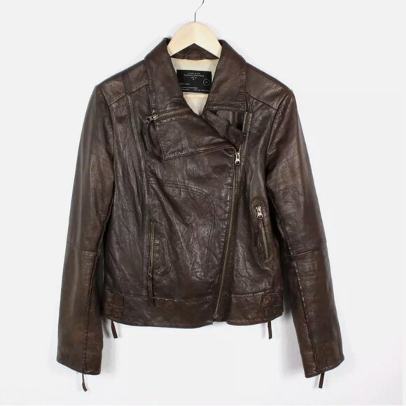 All Saints Lana Leather Moto Jacket Brown Biker Motorcycle Women UK 14 US 10 M/L